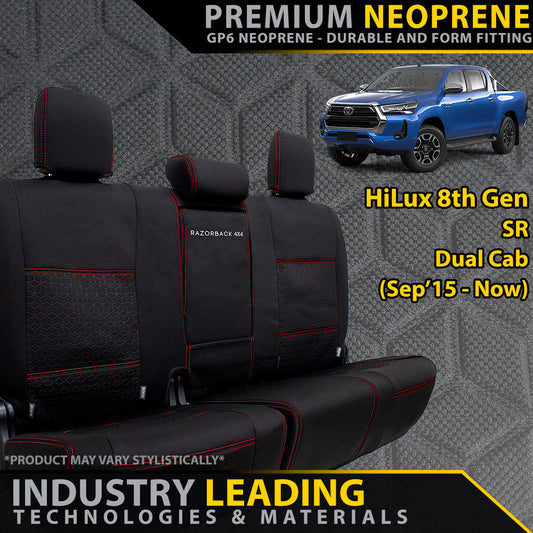 Premium Neoprene Rear Row Seat Covers with red stitching on a gray background, featuring a Toyota Hilux in the corner.