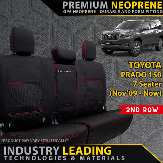 Premium Neoprene Rear Seat Covers with red stitching on a Toyota Prado 150 7-seater, featuring premium neoprene material.