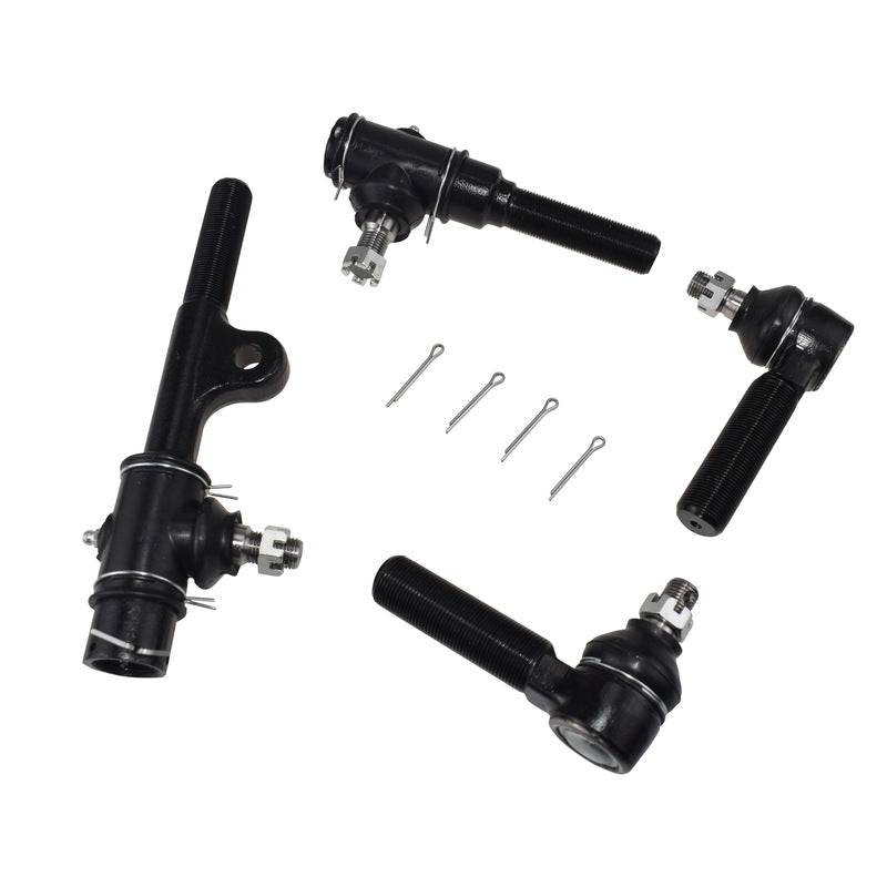 Set of black metal automotive tie rods and related components on a white background