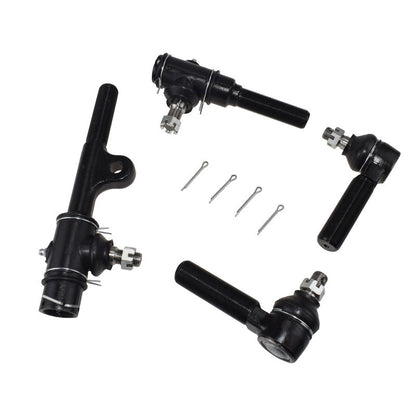 Set of black metal automotive tie rods and related components on a white background