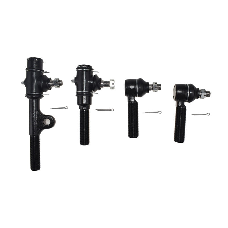 Set of four black metal tie rod ends on a white background