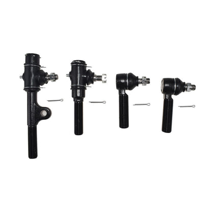 Set of four black metal tie rod ends on a white background