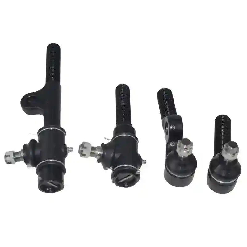 Set of four black metal tie rod ends on a white background