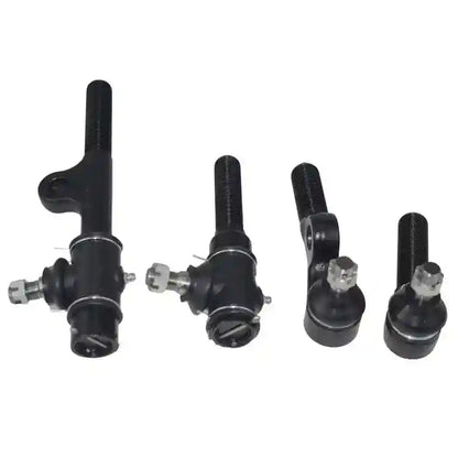 Set of four black metal tie rod ends on a white background
