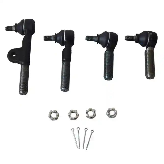 Set of four black tie rods with nuts and pins on a white background