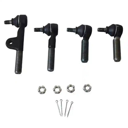 Set of four black tie rods with nuts and pins on a white background