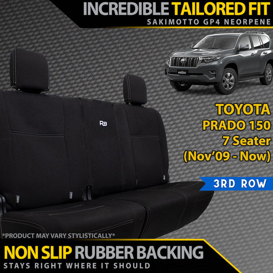 Black car seat covers for Toyota Prado 150 with text highlighting features on a gray textured background.