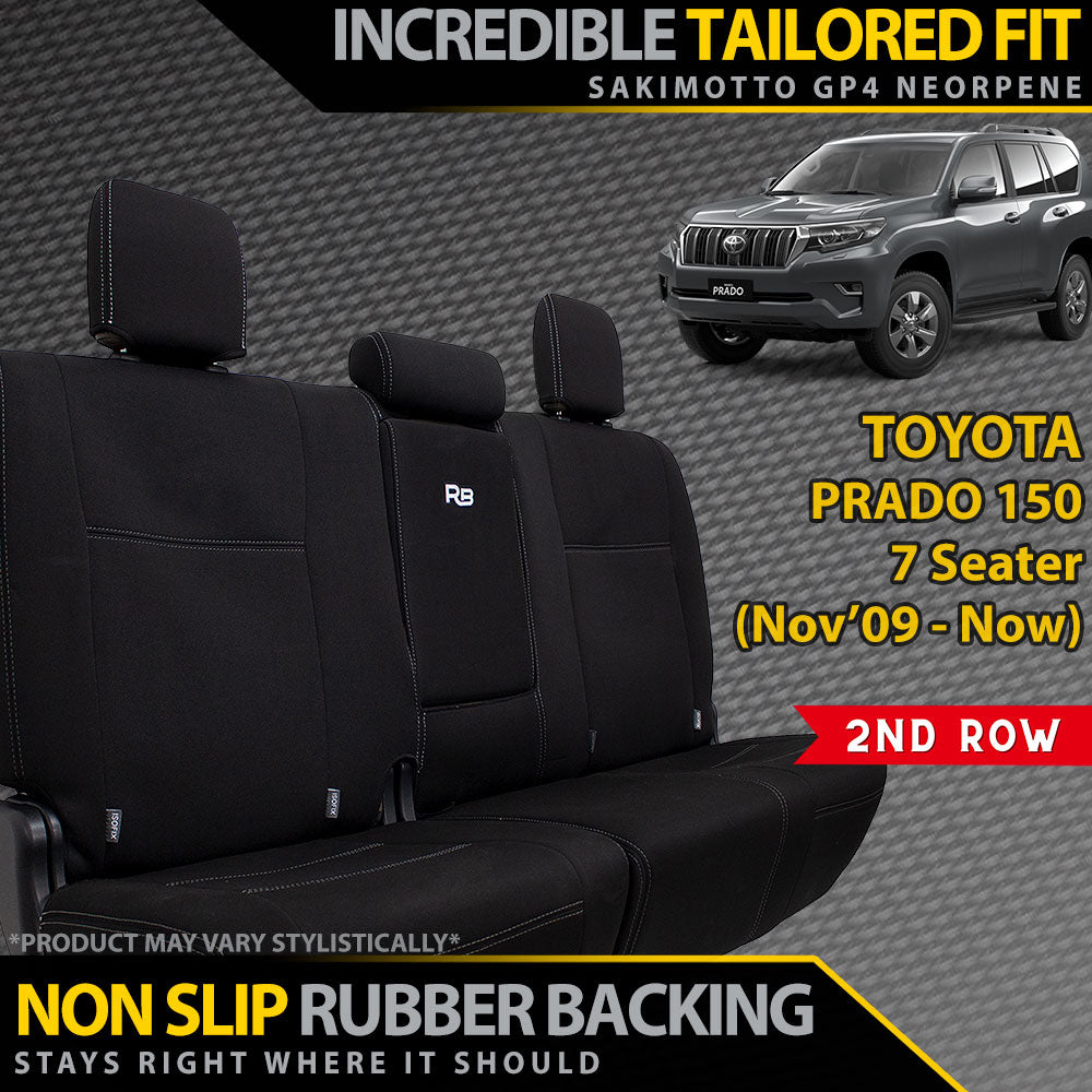 Black car seat covers for Toyota Prado 150 with text highlighting features on a gray background.