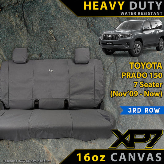 3rd Row Seat Covers for a Toyota Prado 150 with text highlighting features and compatibility.