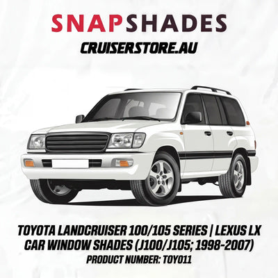 White Toyota LandCruiser 100/105 Series or Lexus LX on a white background with text about snapshades.