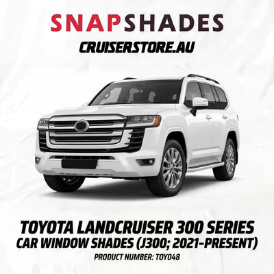 White Toyota LandCruiser 300 Series with Snapshades branding on a white background
