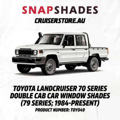 White Toyota LandCruiser 70 Series Double Cab with SnapShades advertisement on a white background