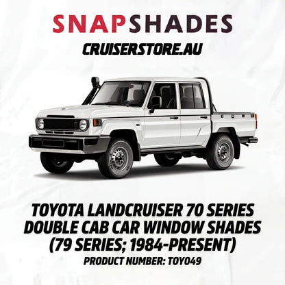 White Toyota LandCruiser 70 Series Double Cab with SnapShades advertisement on a white background