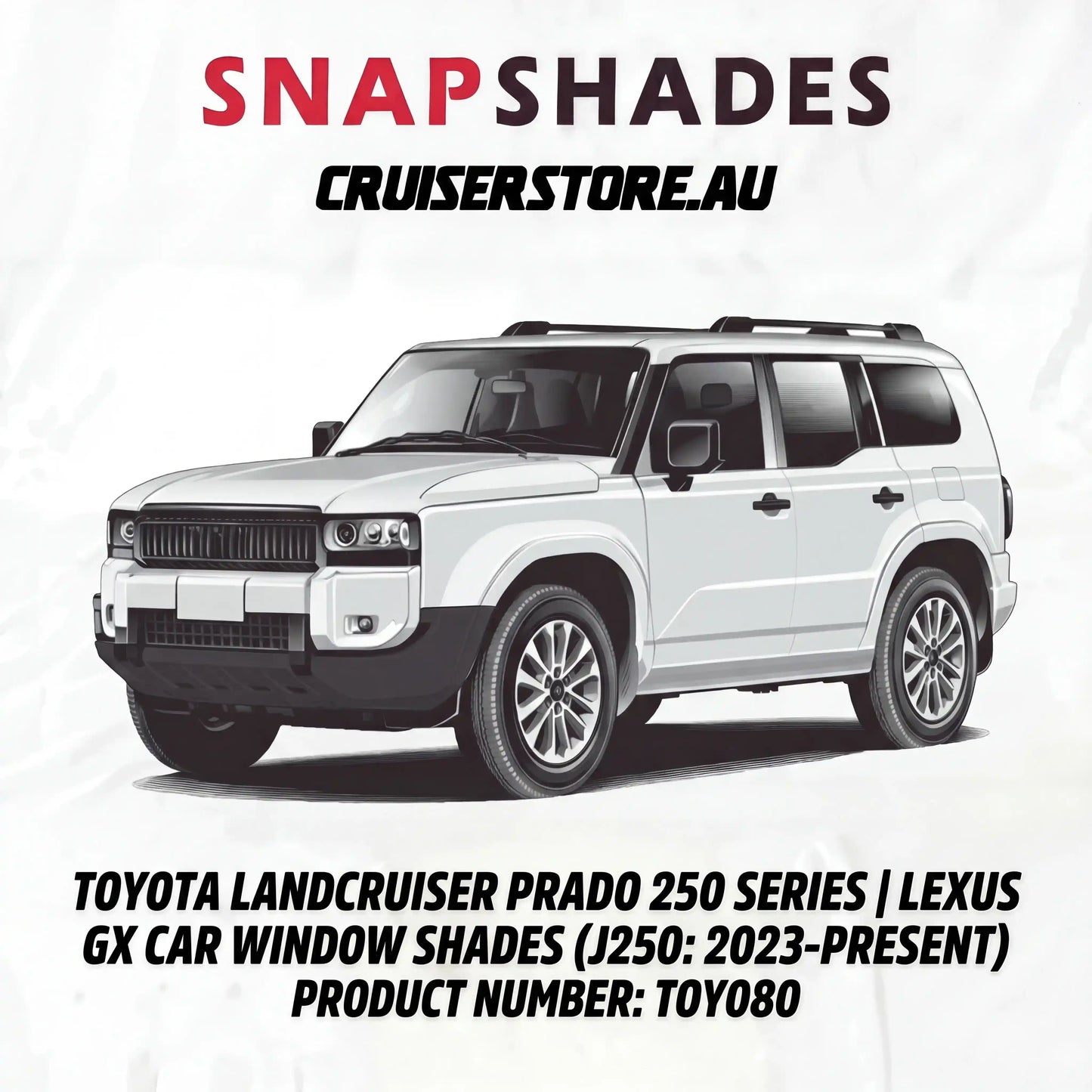 White Toyota LandCruiser Prado 250 Series on a white background with text about car window shades.