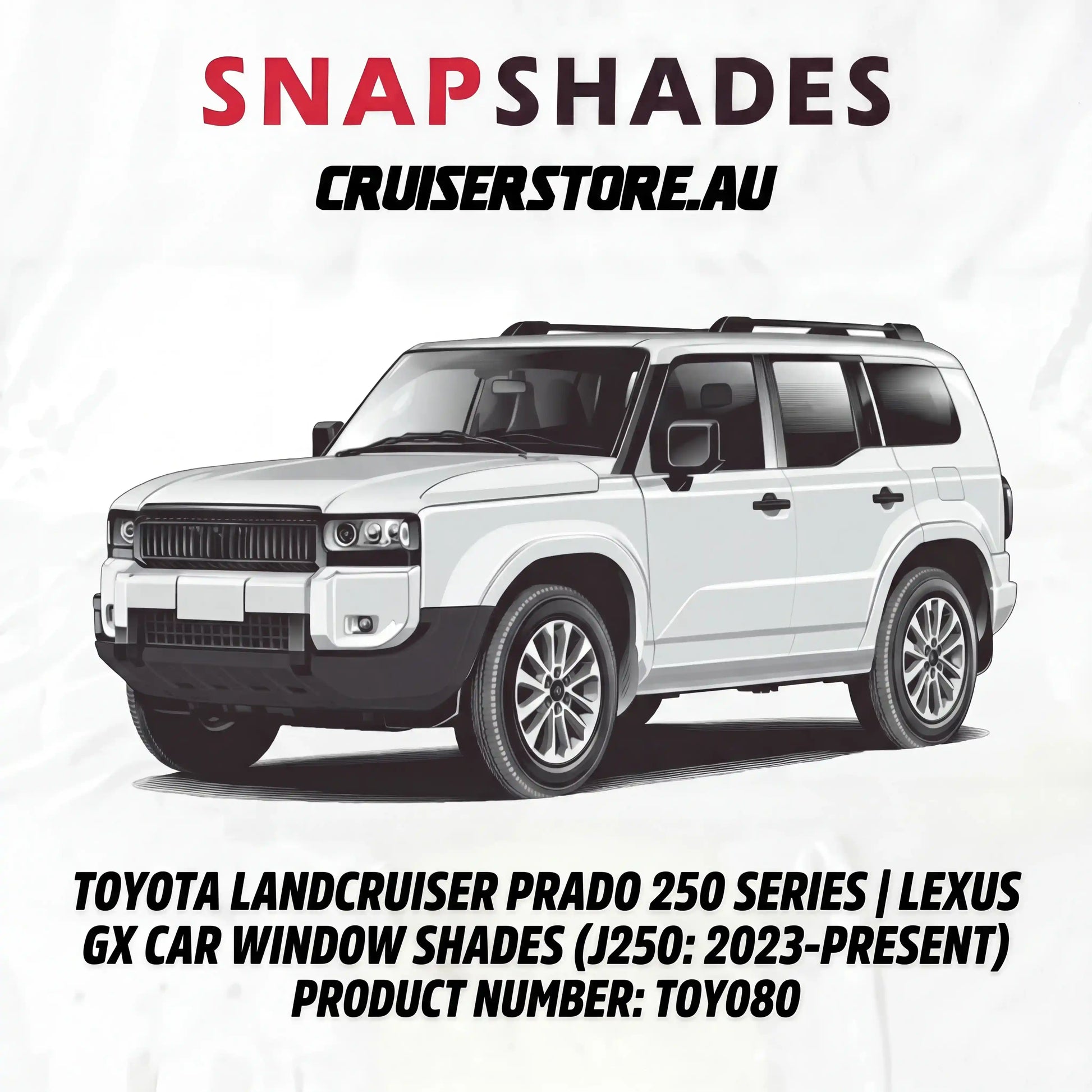 White Toyota LandCruiser Prado 250 Series on a white background with text about car window shades.