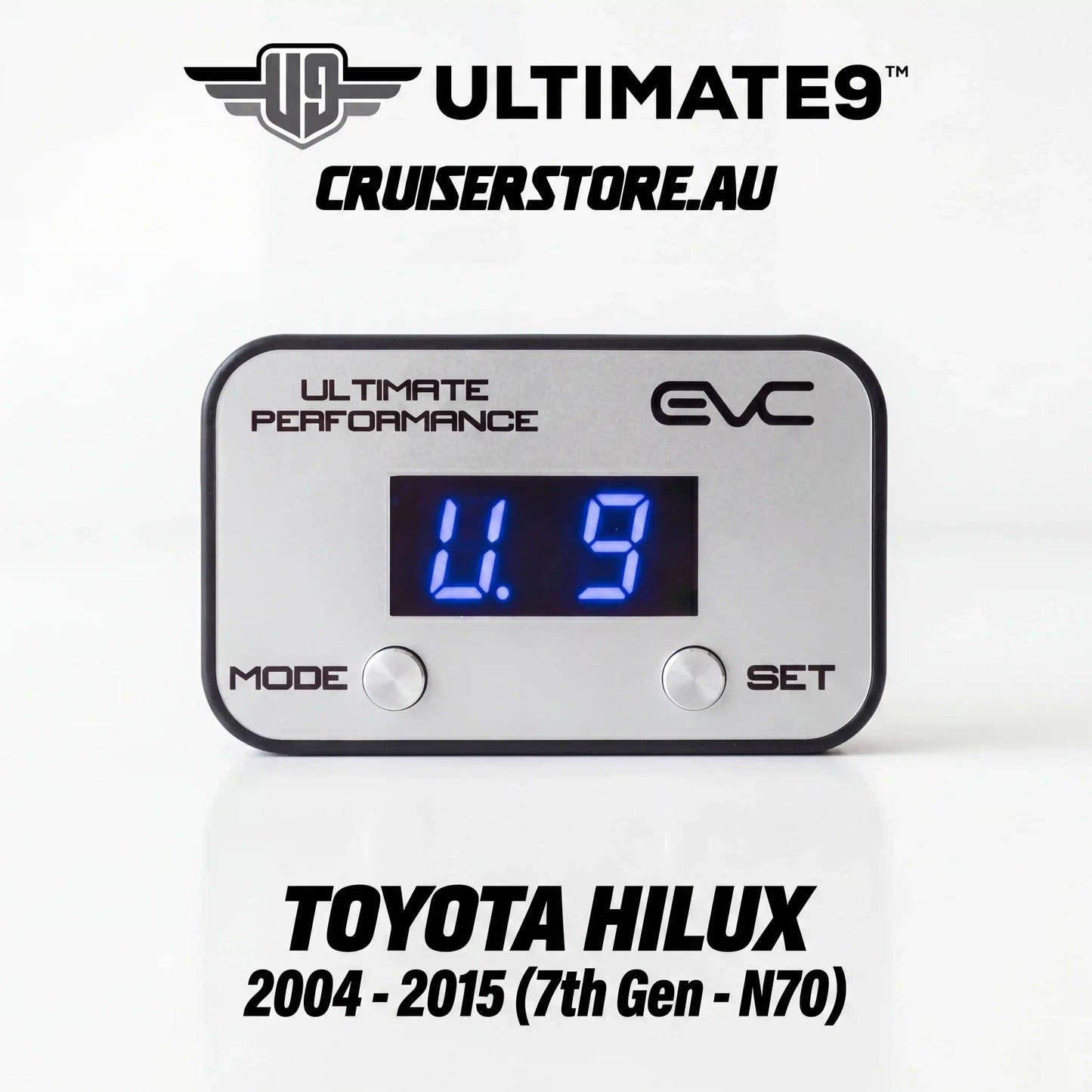 Digital gauge with blue display on a white background, featuring Ultimate9 Cruiserstore branding.