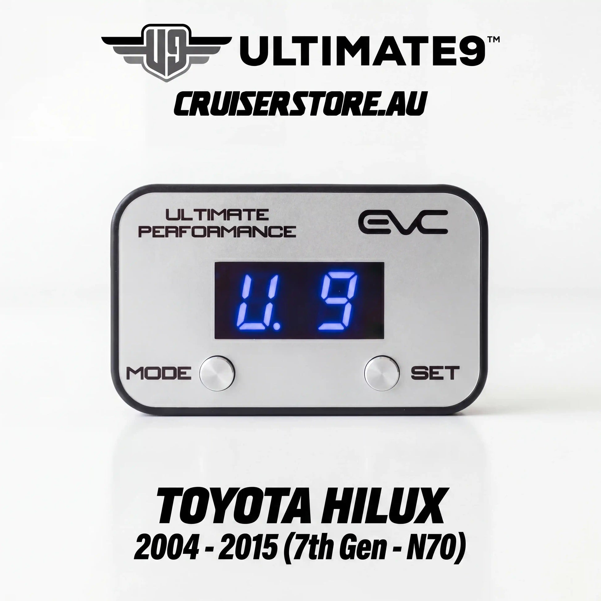 Digital gauge with blue display on a white background, featuring Ultimate9 Cruiserstore branding.