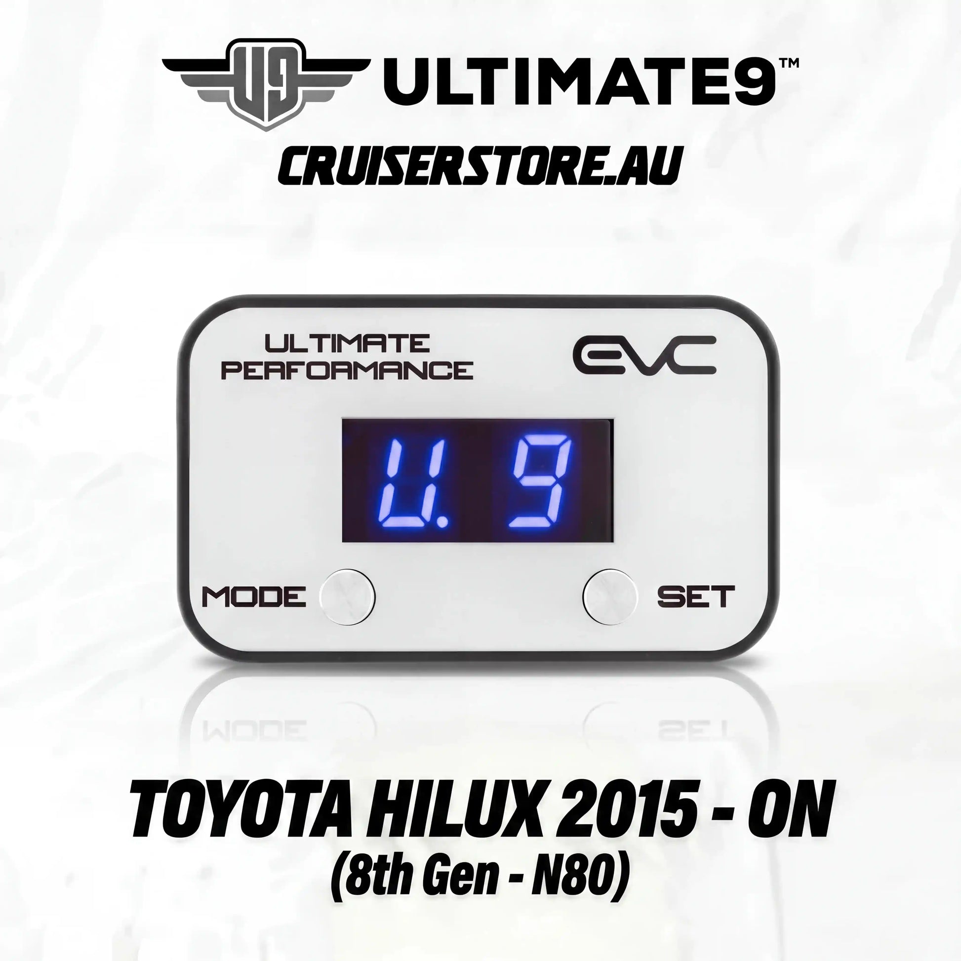 Digital gauge with blue display on a white background, featuring Ultimate9 and EVC branding.
