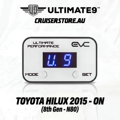 Digital gauge with blue display on a white background, featuring Ultimate9 and EVC branding.