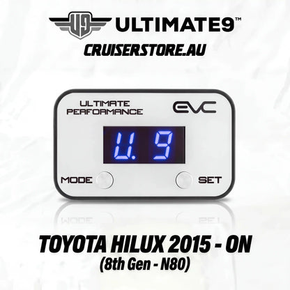 Digital gauge with blue display on a white background, featuring Ultimate9 and EVC branding.