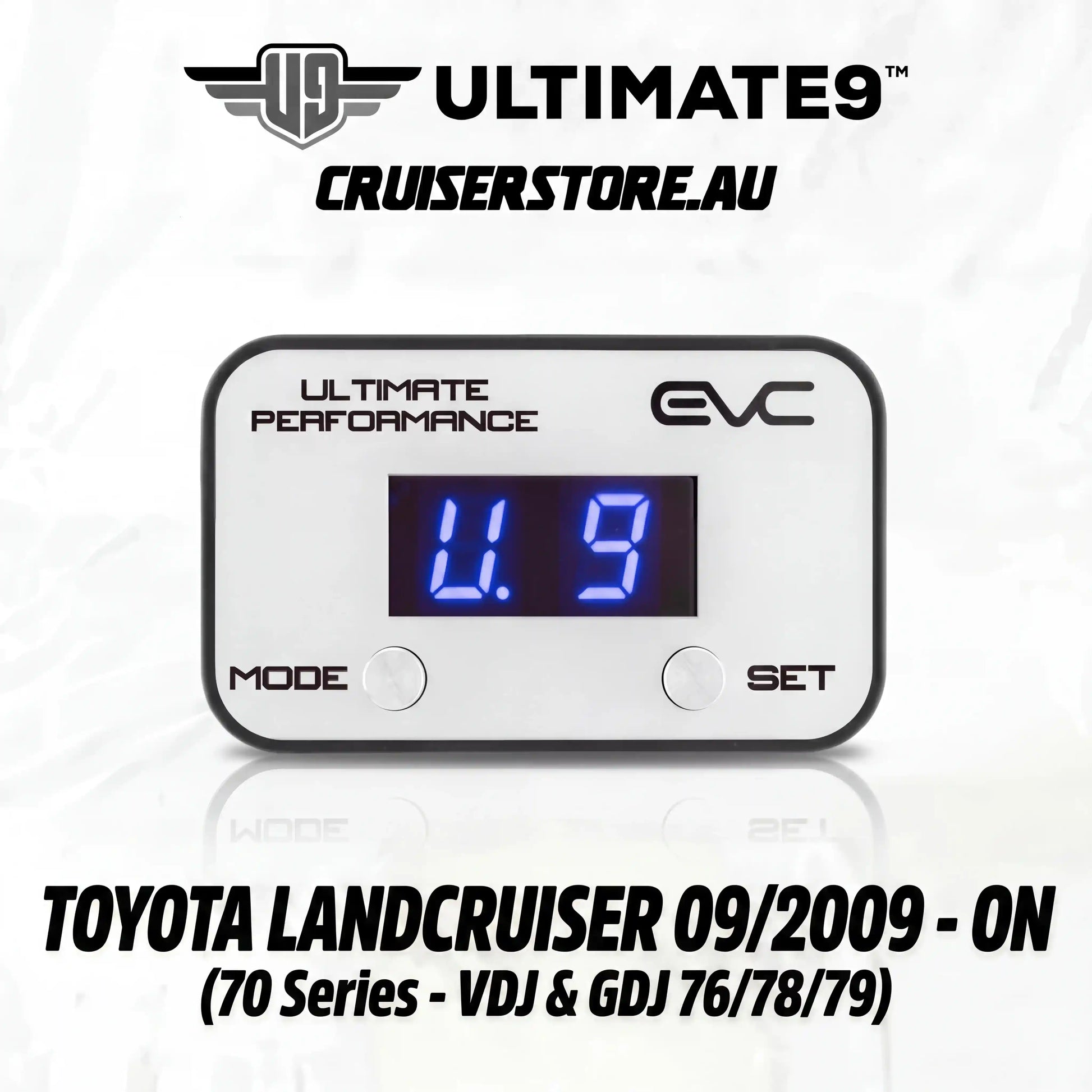 Digital gauge with blue display on a white background, featuring Ultimate9 Cruiserstore branding.