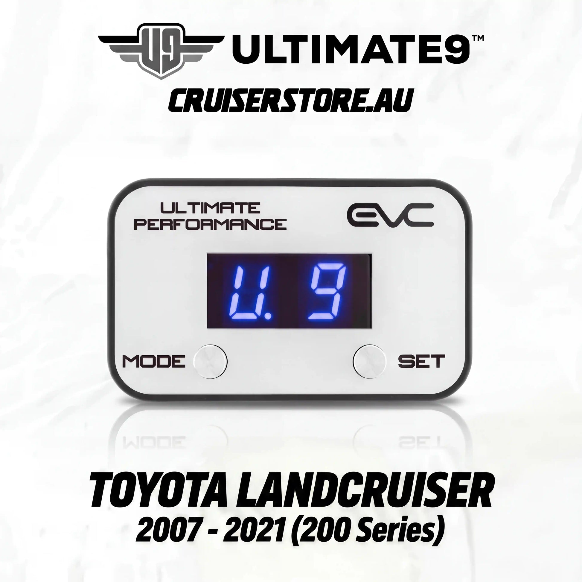 Digital gauge with blue display on a white background, featuring Ultimate9 and EVC branding.