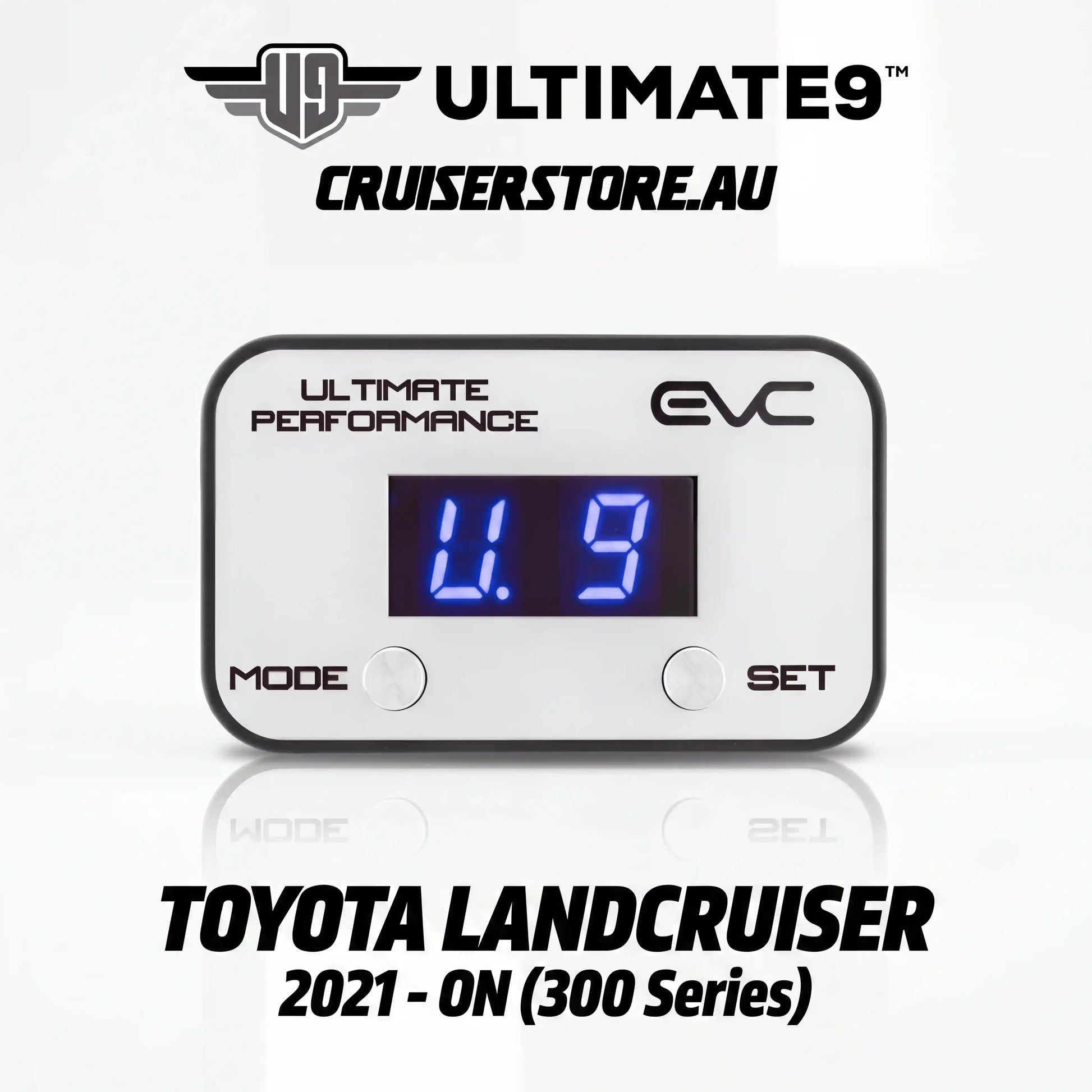 Digital gauge with digital display on a white background, featuring Ultimate9 and EVC branding.