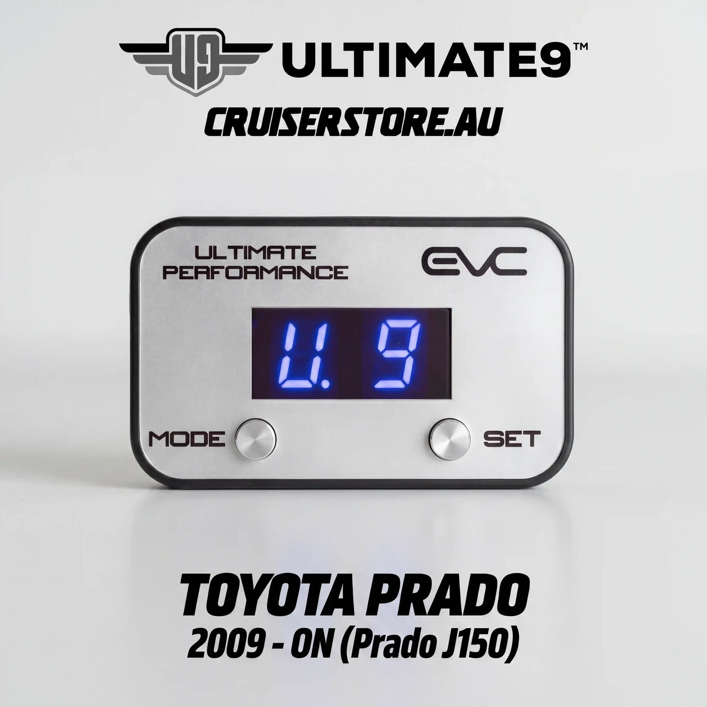 Digital gauge with blue display on a white background, featuring Ultimate9 Cruiserstore branding.