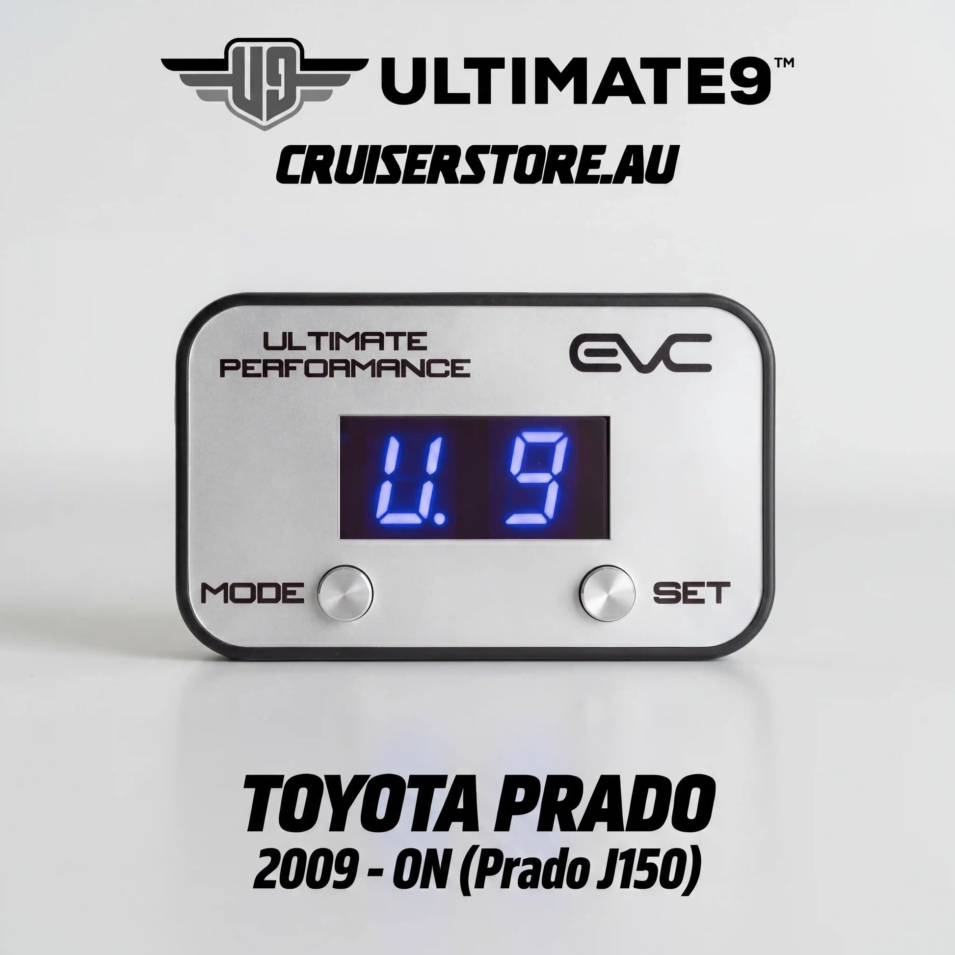 Digital gauge with blue display on a white background, featuring Ultimate9 Cruiserstore branding.