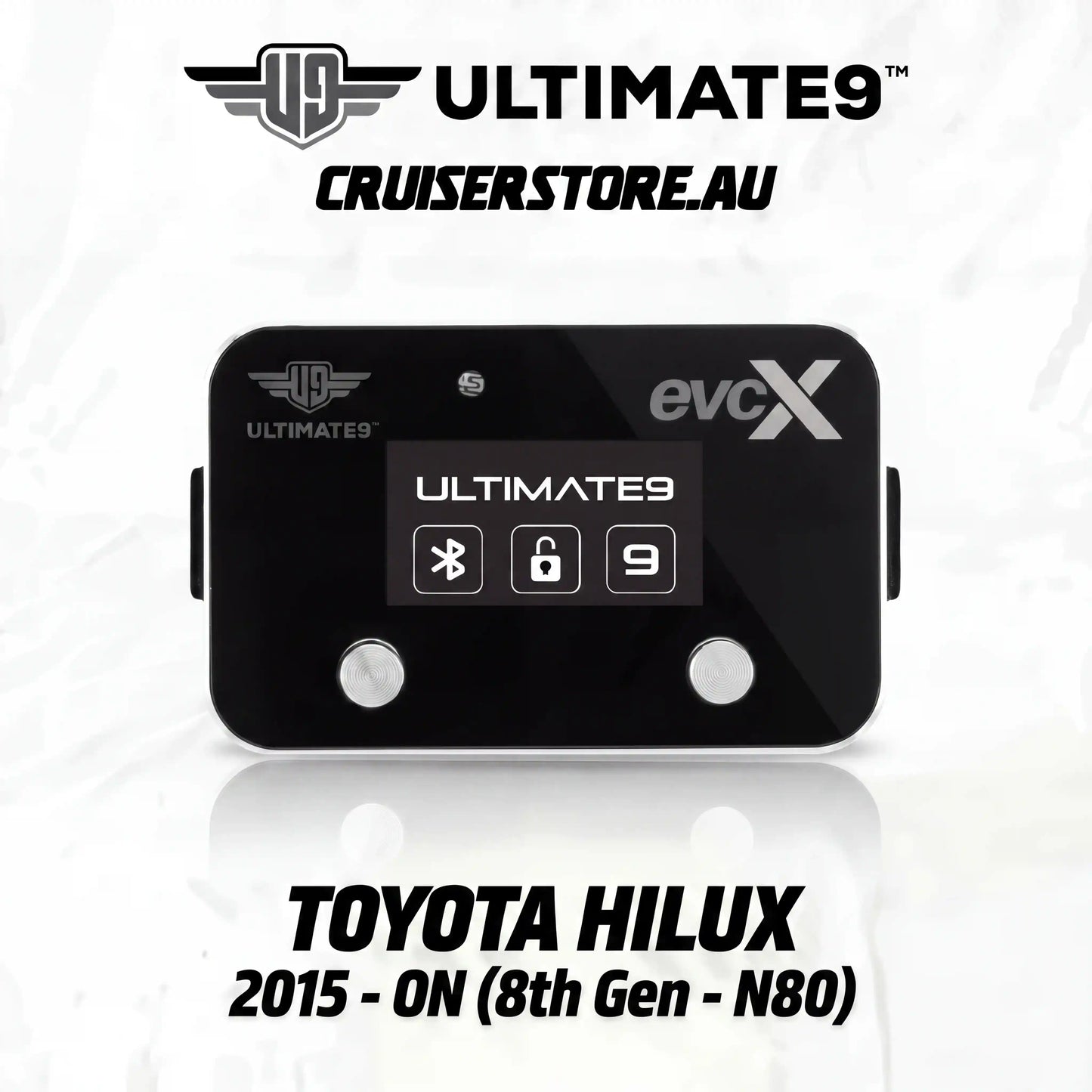 Black electronic device with branding on a white background, featuring 'Ultimate9' and 'evcX'.