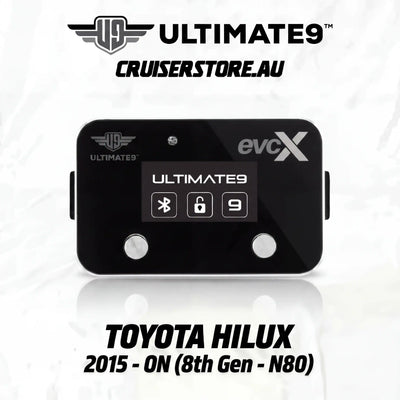 Black electronic device with branding on a white background, featuring 'Ultimate9' and 'evcX'.