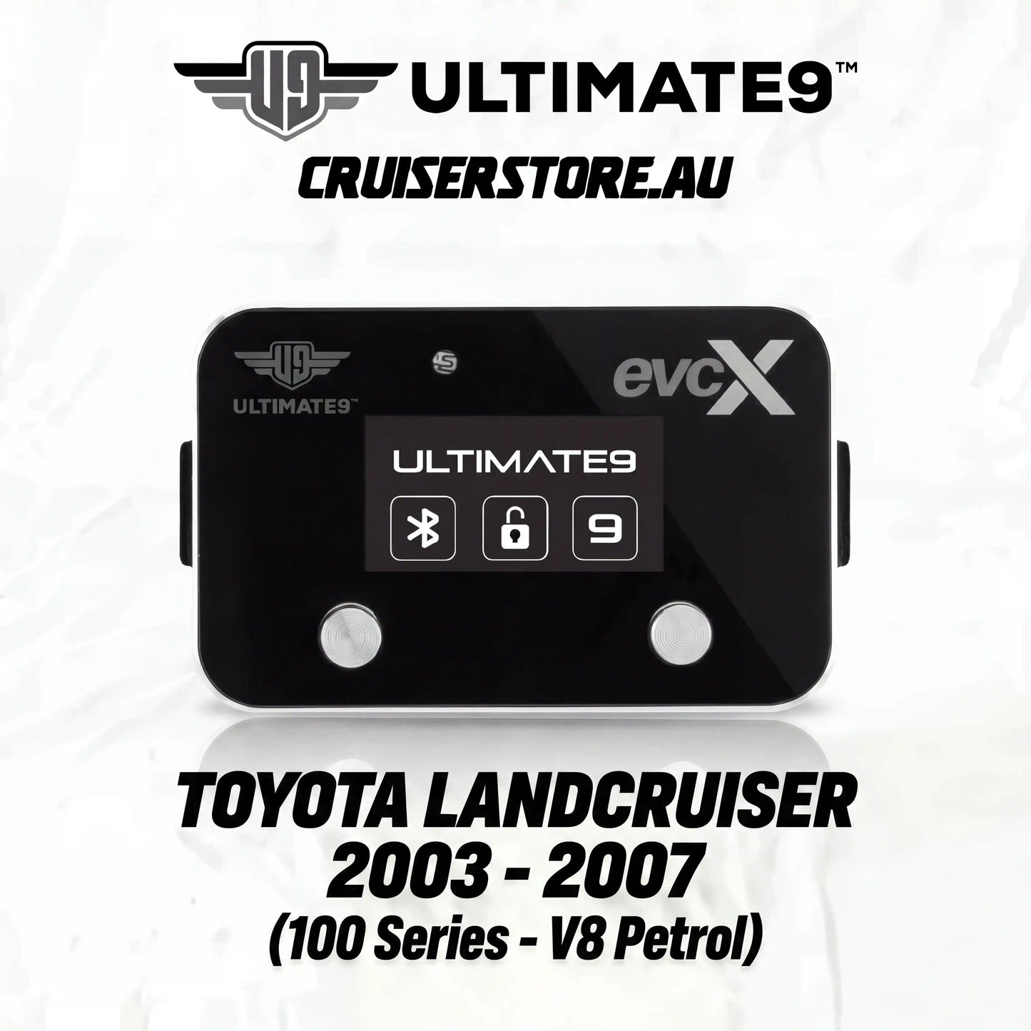 Black electronic device with branding on a white background, featuring 'Ultimate9' and 'evcX'.