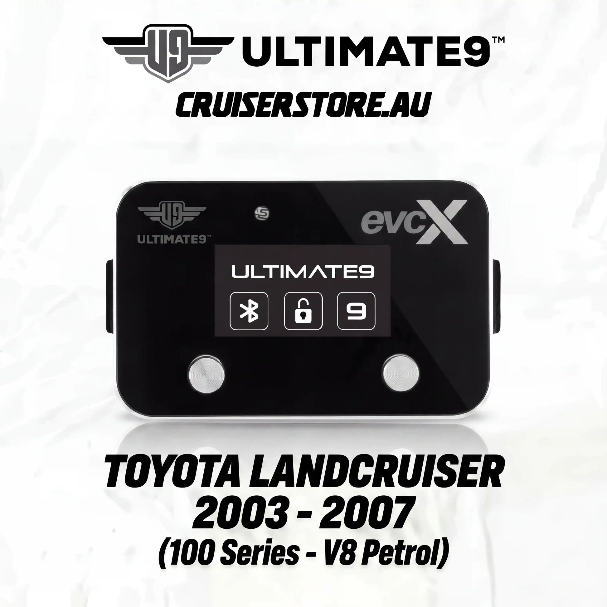 Black electronic device with branding on a white background, featuring 'Ultimate9' and 'evcX'.