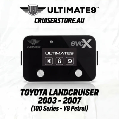 Black electronic device with branding on a white background, featuring 'Ultimate9' and 'evcX'.