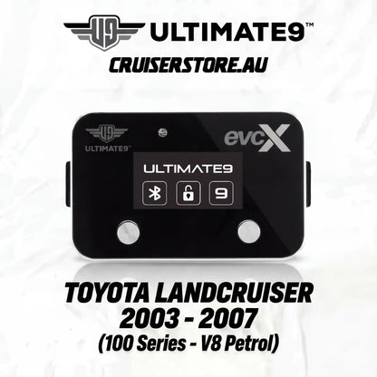 Black electronic device with branding on a white background, featuring 'Ultimate9' and 'evcX'.