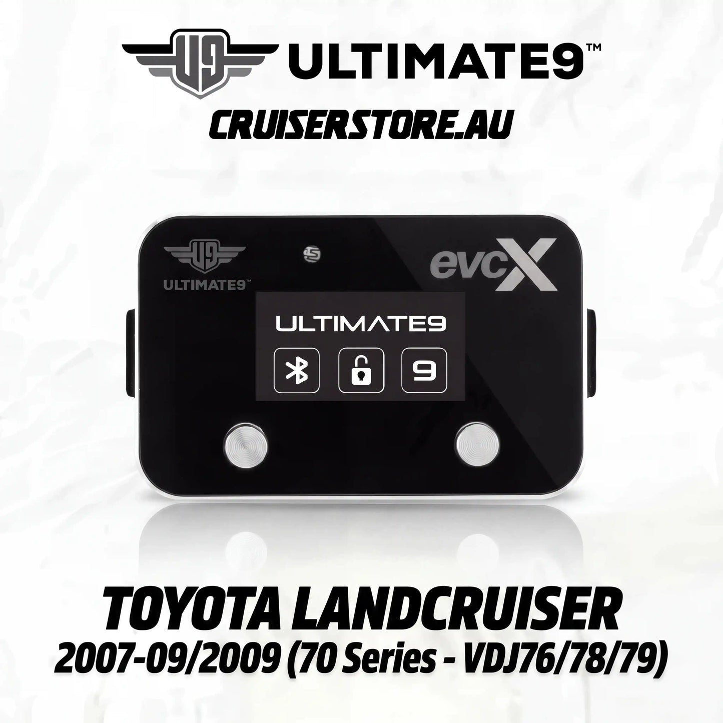 Black electronic device with branding on a white background, featuring 'Ultimate9' and 'evcX'.