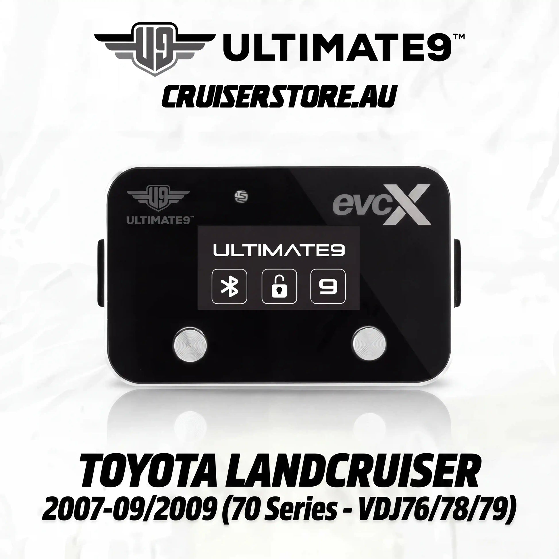 Black electronic device with branding on a white background, featuring 'Ultimate9' and 'evcX'.