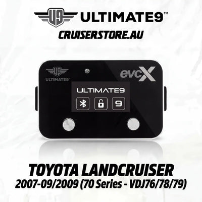 Black electronic device with branding on a white background, featuring 'Ultimate9' and 'evcX'.