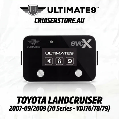 Black electronic device with branding on a white background, featuring 'Ultimate9' and 'evcX'.