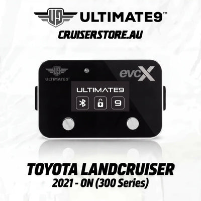 Black electronic device with branding on a white background, featuring 'Ultimate9' and 'evcX'.