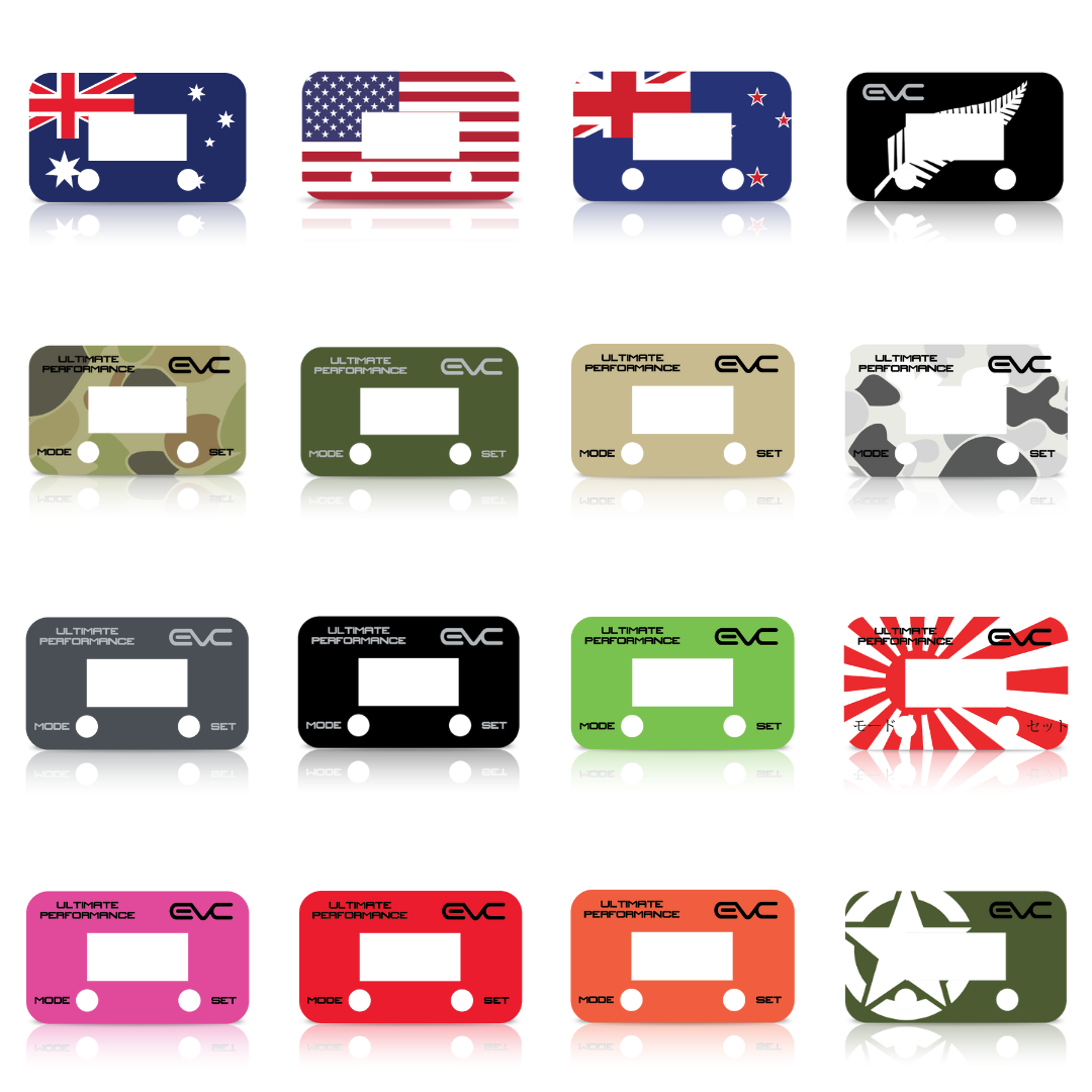 Collection of colorful controller frames with various designs and logos on a white background