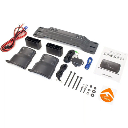 Car subwoofer installation kit with components and user guide on a white background
