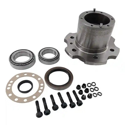 Automotive wheel hub assembly with bearings, seals, and bolts on a white background