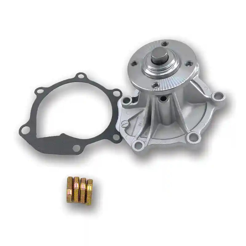 Metal water pump, gasket, and washers on a white background