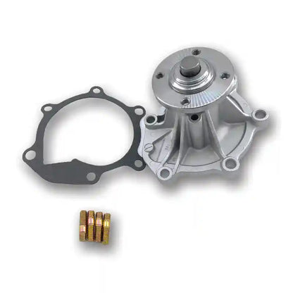 Metal water pump, gasket, and washers on a white background