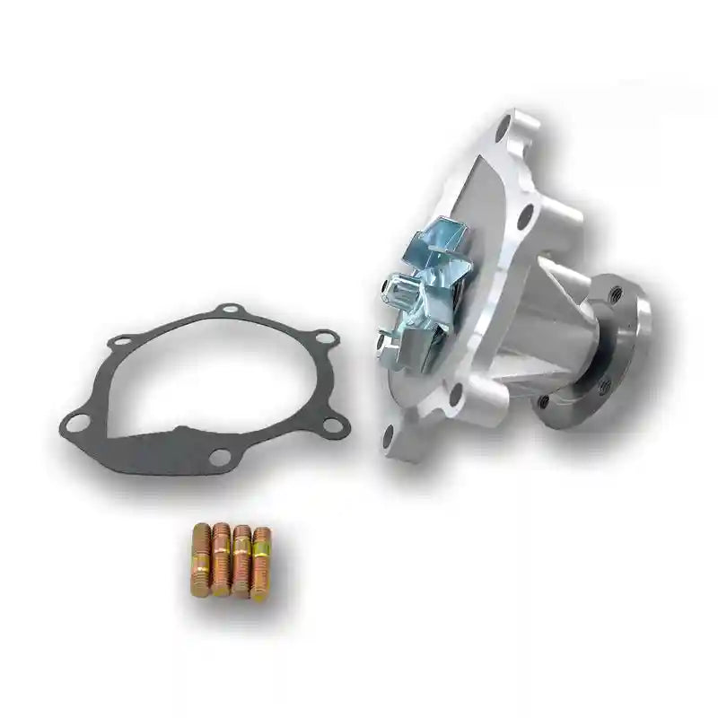 Car water pump assembly with gasket and bolts on a white background