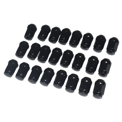 Set of black metal hex bolts on a white background