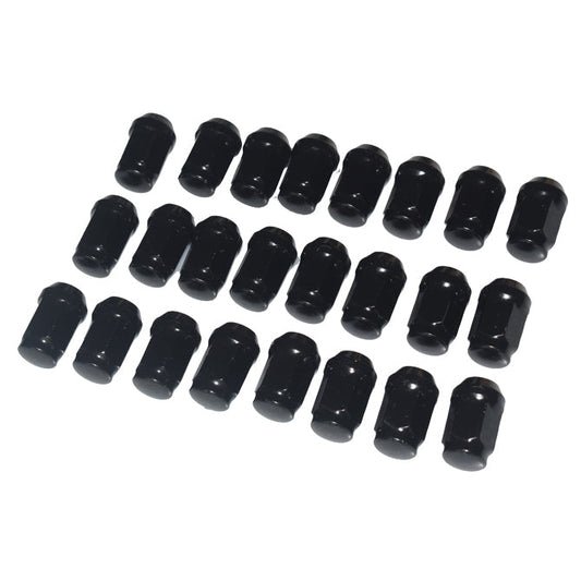 Set of black metal hex bolts on a white background