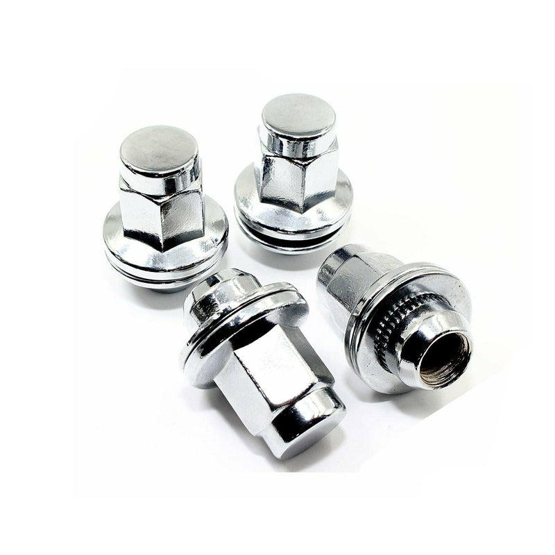 Set of chrome wheel lock nuts on a white background