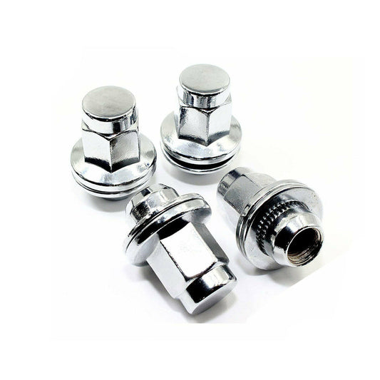 Set of chrome wheel lock nuts on a white background